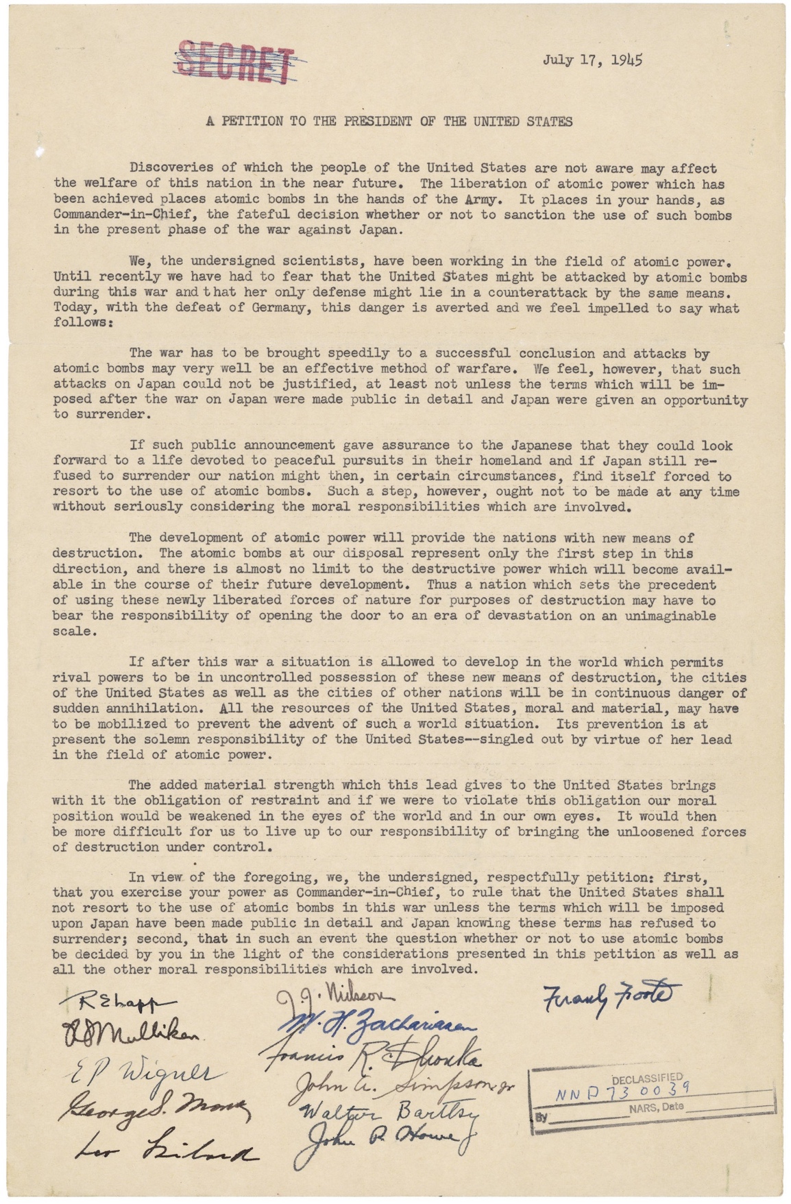 利奥·西拉德和其他科学家给杜鲁门总统的请愿书(1940-1950年);总工程师办公室记录，1789-1999，记录组77;马里兰州大学公园国家档案馆[通过档案研究目录(ARC标识码6250638)可获得在线版本，网址为www.archives.gov;2016年6月3日)。